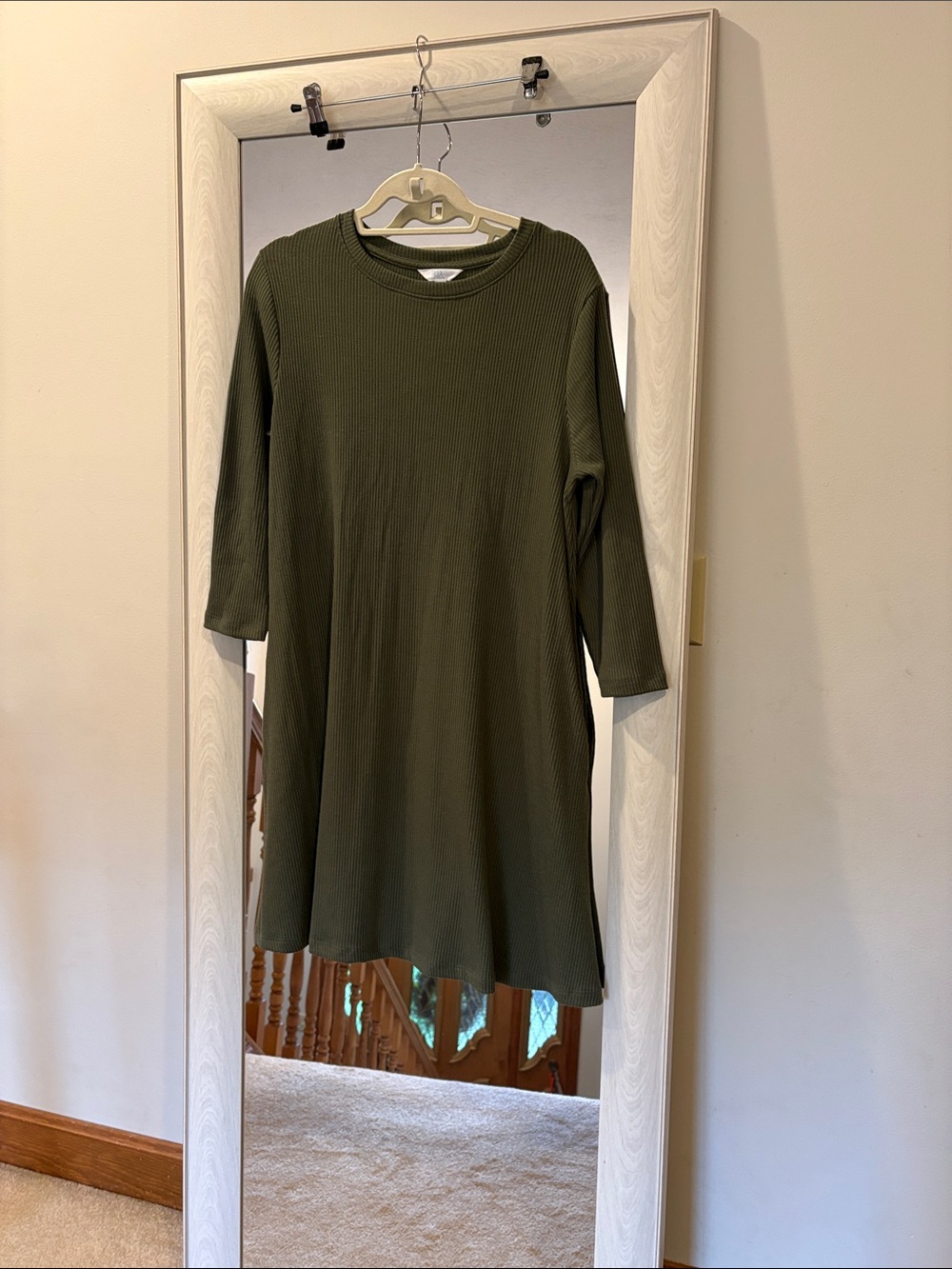 Olive Green Ribbed Knit Women's Dress